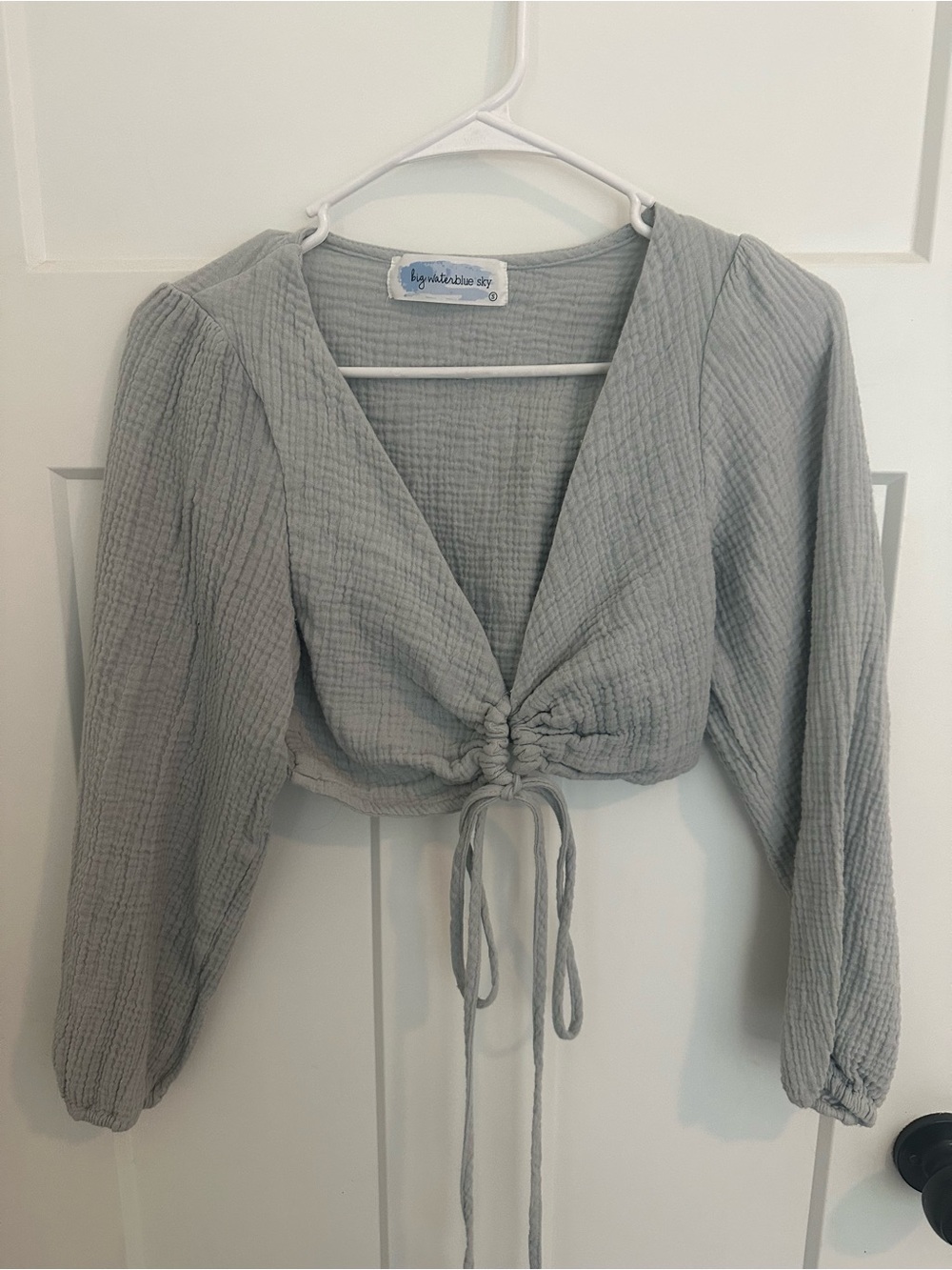 Light Blue Tie Front Long Sleeve Crop Top